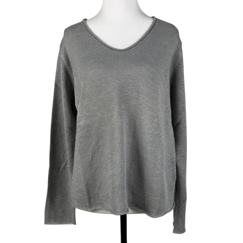 Eileen Fisher 100% Linen Tunic Sweater Womens M Gray Knit Scoop Neck Minimalist